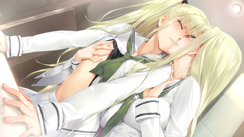 1boy 1girl bishoujo_mangekyou blonde_hair blush breasts brother_and_sister closed_eyes closed_mouth game_cg grabbing green_eyes groping happoubi_jin hetero incest kannagi_yuuma kannagi_yuuri large_breasts long_hair nipples open_mouth otoko_no_ko school_uniform siblings twins