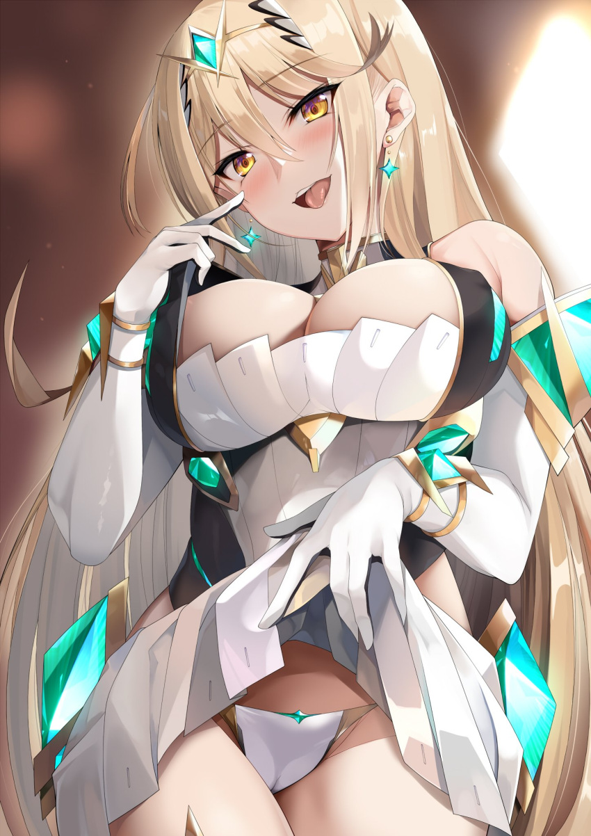 1girl bangs bare_legs bare_shoulders blonde_hair blush breasts cameltoe chest_jewel cleavage cleavage_cutout clothes_lift clothing_cutout covered_nipples daive dress earrings elbow_gloves gloves headpiece highres jewelry large_breasts long_hair looking_at_viewer mythra_(xenoblade) nipple_slip nipples panties presenting_panties seductive_smile short_dress skirt skirt_lift smile solo swept_bangs tiara underwear very_long_hair white_dress white_gloves xenoblade_chronicles_(series) xenoblade_chronicles_2 yellow_eyes