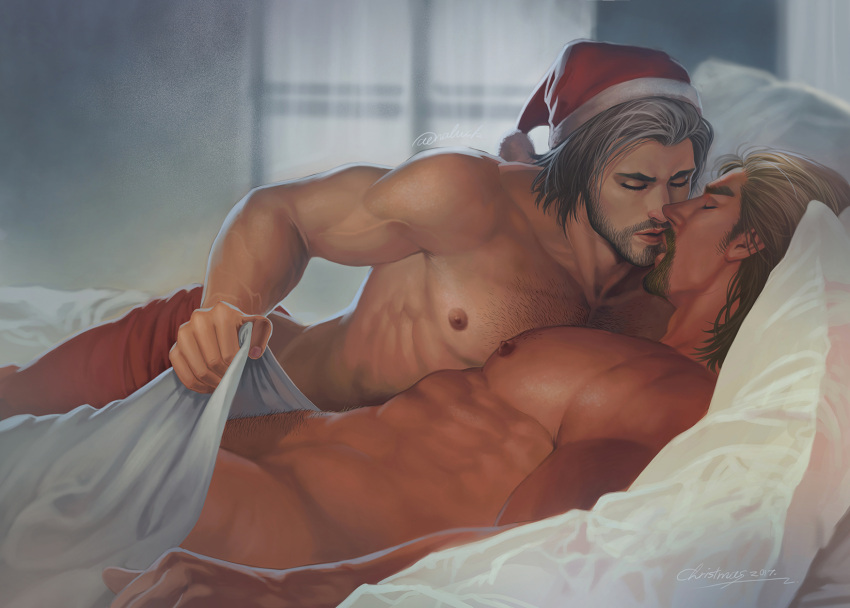 2boys abs aenaluck artist_name audec_(aenaluck) bara bed blanket blonde_hair chest_hair closed_mouth completely_nude facial_hair grey_hair hat highres holding holding_blanket imminent_kiss large_pectorals lying male_focus male_pubic_hair master_(aenaluck) multiple_boys muscular muscular_male navel nipples nude on_back on_bed on_side open_mouth original pants pectorals pubic_hair red_pants santa_costume santa_hat short_hair topless_male yaoi