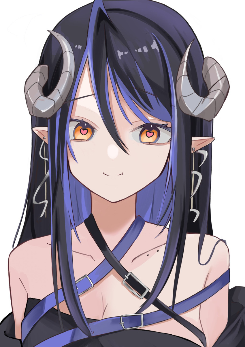 1girl 774_inc. bangs belt black_bandeau black_belt black_hair blue_belt blue_hair breasts brown_eyes chest_belt cleavage closed_mouth collarbone commentary curled_horns demon_girl demon_horns grey_horns hair_between_eyes heart heart-shaped_pupils hebiyoi_tier highres horns large_breasts long_hair looking_at_viewer multicolored_hair off_shoulder pointy_ears sidelocks simple_background smile snake_bite solo split_mouth sugar_lyric symbol-shaped_pupils two-tone_hair upper_body virtual_youtuber white_background yuru._(m29125567)