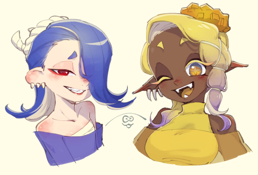 1boy 2girls ;d asymmetrical_hair bare_shoulders big_man_(splatoon) blonde_hair blue_hair breasts cephalopod_eyes chest_sarashi collarbone colored_eyelashes colored_tongue commentary_request cross-shaped_pupils dark-skinned_female dark_skin earrings eyelashes eyeliner fangs flat_chest food food_on_head forehead frye_(splatoon) furrowed_brow gradient_hair grin hachimaki hair_over_one_eye headband horizontal_pupils humanization jewelry long_hair looking_at_viewer makeup medium_breasts medium_hair multi-tied_hair multicolored_hair multiple_earrings multiple_girls nejiri_hachimaki object_on_head one_eye_closed one_eye_covered pink_pupils pointy_ears purple_hair raised_eyebrows red_eyeliner red_eyes red_lips sarashi see-through shawl shiver_(splatoon) simple_background sleeveless smile splatoon_(series) splatoon_3 symbol-shaped_pupils teeth tempura tooth_earrings turtleneck two-tone_hair ukata upper_body very_dark_skin white_background white_hair yellow_eyes yellow_pupils yellow_shawl yellow_tongue