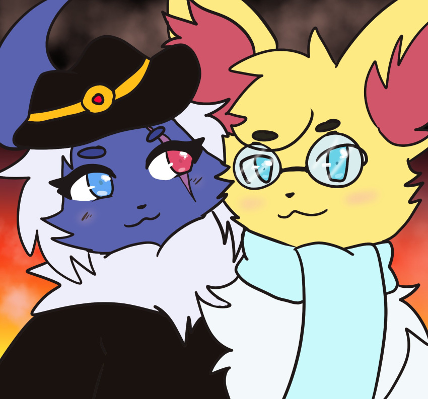 4:3 absol blue_eyes blush braixen canid canine clothing cowboy_hat cuddling dark_suit_style_absol eye_scar eyewear facial_scar female feral fox fur fur_tuft gem generation_3_pokemon generation_6_pokemon glasses hair hat headgear headwear heterochromia hi_res holowear_(pokemon) invalid_tag junyi_issei koi_the_braixen male mammal nintendo pokemon pokemon_(species) pokemon_unite red_eyes ruby_(gem) scar scarf tuft tundra_briar white_body white_fur white_hair yellow_eyes zephyrstar