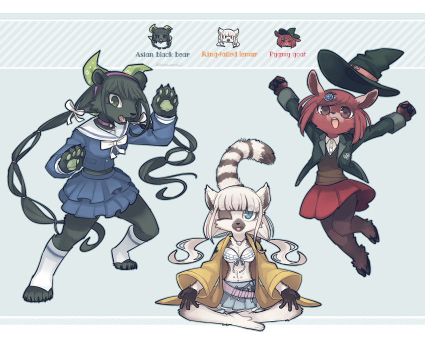 alternate_species angie_yonaga anthro bear black_bear bovid caprine clothing danganronpa danganronpa_v3 facial_tuft female goat group hair hi_res himiko_yumeno honzumaruii_(artist) kemono lemur mammal open_mouth primate strepsirrhine tenko_chabashira trio ursine