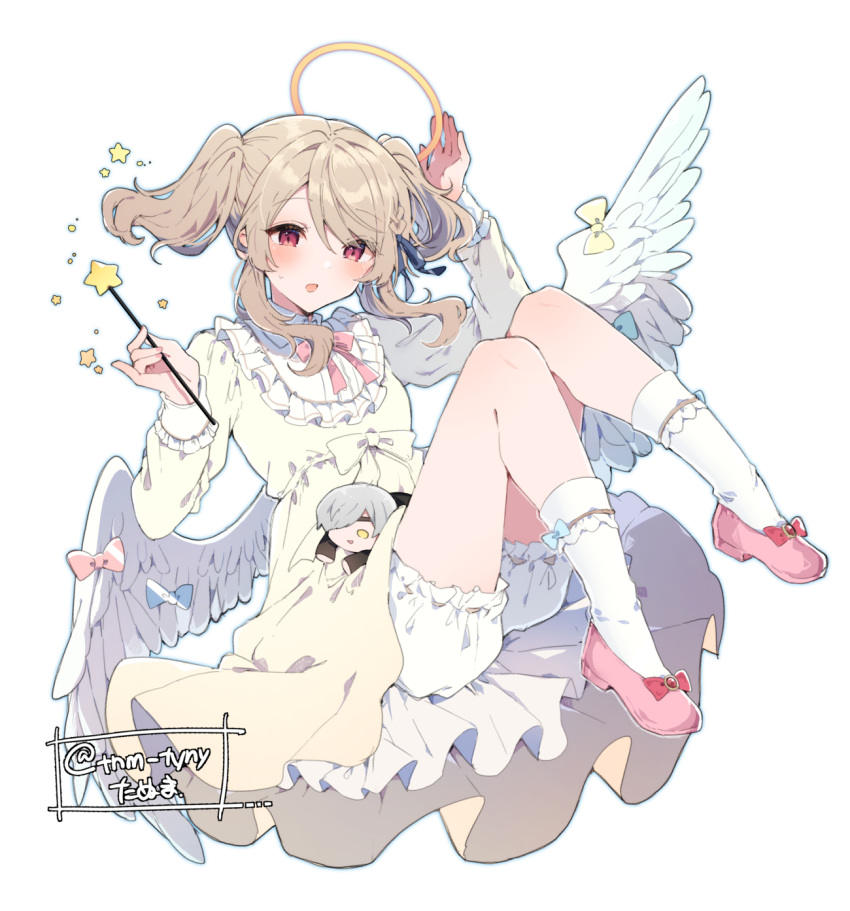 1boy 1girl angel_wings arm_up artist_name bangs bloomers blue_bow blush bow braid brown_hair chibi collar dress feathered_wings frilled_dress frills full_body grey_hair halo highres holding holding_wand ikeuchi_tanuma knees_together_feet_apart knees_up leuk_(ikeuchi_tanuma) long_sleeves low_wings neck_ribbon open_mouth original pink_bow pink_footwear pinky_out red_eyes ribbon shoes short_hair sidelocks simple_background socks solo_focus star_(symbol) star_wand tino_(ikeuchi_tanuma) twintails twitter_username underwear wand white_background white_bloomers white_dress white_socks white_wings wings yellow_bow yellow_eyes