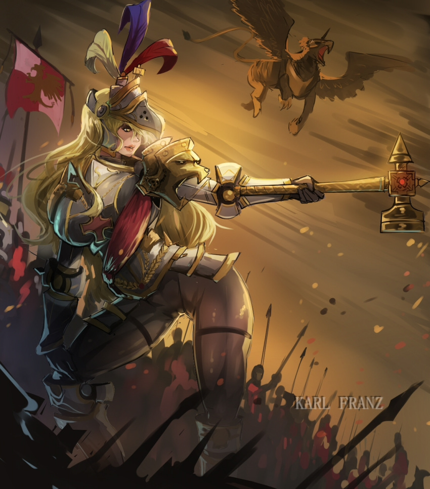 1girl armor bangs blonde_hair character_name frozenblue full_armor gauntlets genderswap genderswap_(mtf) griffin hammer helmet highres holding holding_hammer holding_polearm holding_weapon karl_franz lips long_hair parted_lips pauldrons people polearm shoulder_armor solo_focus war_hammer warhammer_fantasy weapon yellow_eyes