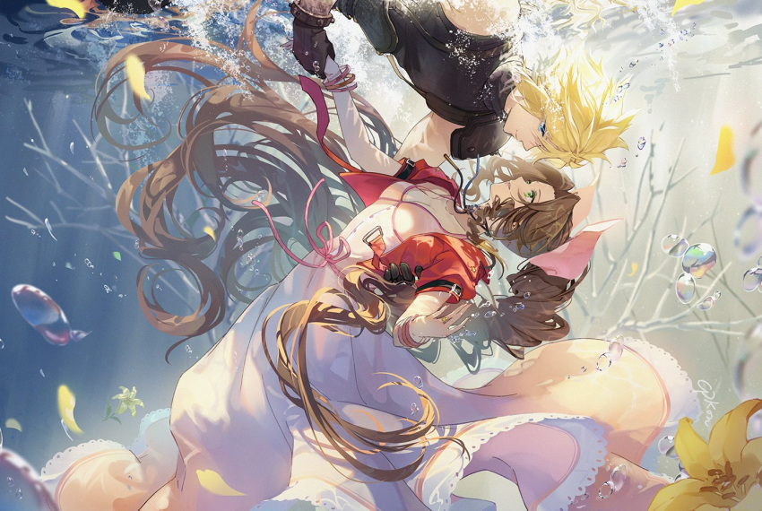 1boy 1girl aerith_gainsborough air_bubble arm_around_back armor bangle bangs belt blonde_hair blue_eyes bracelet braid braided_ponytail breasts brown_hair bubble buttons cat_princess choker cleavage cloud_strife couple cropped_jacket dress falling_petals feet_out_of_frame final_fantasy final_fantasy_vii final_fantasy_vii_remake flower flower_choker green_eyes hair_between_eyes hair_ribbon hetero holding_hands jacket jewelry lily_(flower) long_dress long_hair looking_at_another medium_breasts parted_bangs parted_lips petals pink_dress pink_ribbon red_jacket ribbon ring short_hair short_sleeves shoulder_armor sidelocks single_bare_shoulder single_braid sleeveless sleeveless_turtleneck smile spiked_hair suspenders turtleneck underwater very_long_hair yellow_flower