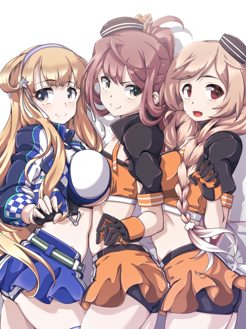 3girls 547th_sy alternate_costume asagumo_(kancolle) bike_shorts bike_shorts_under_skirt black_headwear black_jacket blonde_hair blue_skirt braid breast_press breasts brown_hair cloud_hair_ornament commentary_request cosplay cowboy_shot cropped_jacket double_bun fletcher_(kancolle) girl_sandwich gloves gradient_hair grey_eyes grey_hairband hair_bun hair_ornament hair_ribbon hairband highres jacket kantai_collection large_breasts light_brown_hair long_hair midriff minegumo_(kancolle) multicolored_clothes multicolored_gloves multicolored_hair multicolored_jacket multiple_girls natsugumo_(kancolle) natsugumo_(kancolle)_(cosplay) orange_bandeau orange_skirt pleated_skirt purple_eyes race_queen red_eyes ribbon sandwiched skirt small_breasts smile star_(symbol) star_hair_ornament symmetrical_docking twin_braids twintails