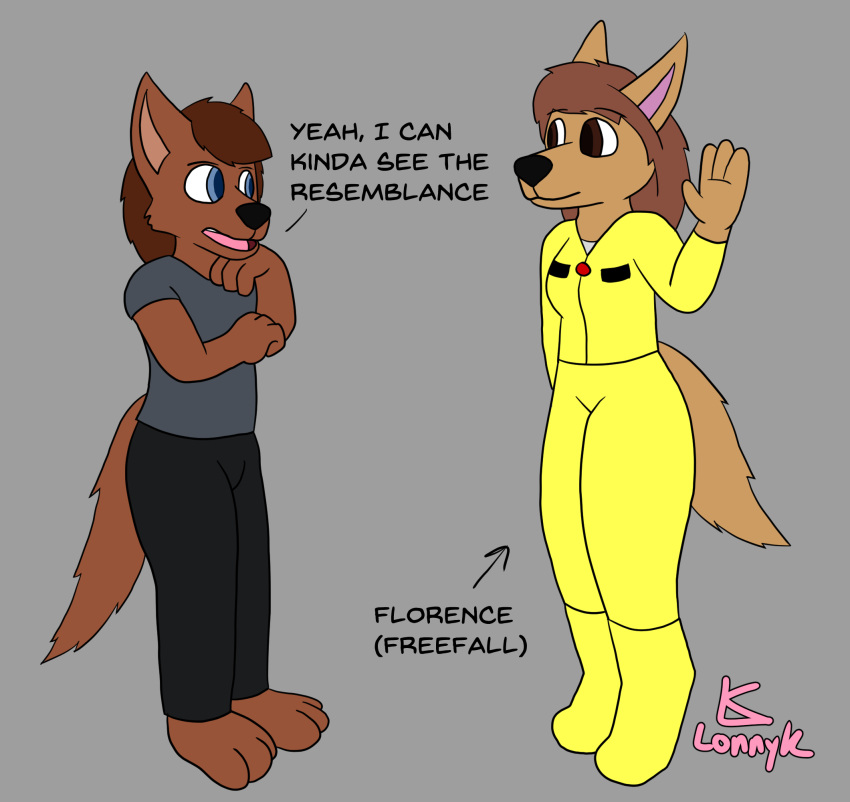 anthro blue_eyes bowman's_wolf breasts brown_body brown_fur brown_hair canid clothed clothing dialogue duo english_text female florence_ambrose freefall_(webcomic) fur gesture hair hi_res lonnyk mammal tail text waving webcomic yellow_clothing