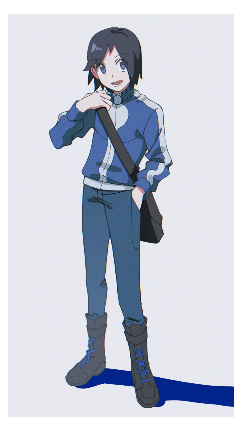 1boy :d absurdres asagiri_kogen bag black_bag black_footwear black_hair blue_jacket boots border calem_(pokemon) commentary full_body grey_background grey_eyes hand_in_pocket hand_up highres holding_strap jacket long_sleeves male_focus messenger_bag open_mouth pokemon pokemon_(game) pokemon_xy short_hair shoulder_bag skinny_jeans smile solo standing turtleneck turtleneck_jacket white_border