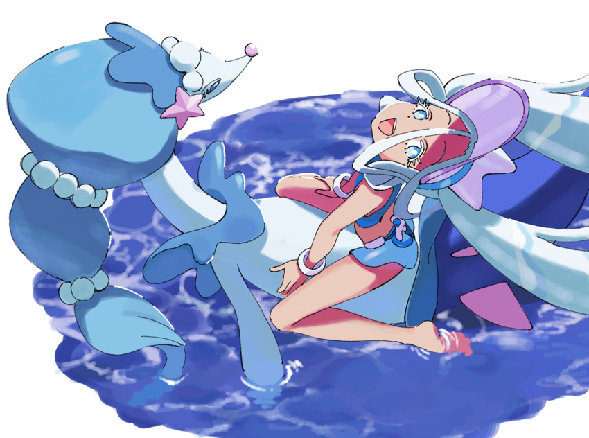 1girl aqua_eyes bangle barefoot bikini blue_bikini blue_hair bracelet hair_between_eyes hat hatsune_miku jewelry light_blue_hair long_hair looking_at_viewer looking_up mitsutsuka open_mouth pokemon pokemon_(creature) primarina project_voltage riding riding_pokemon simple_background swimsuit tan twintails very_long_hair visor_cap water water_miku_(project_voltage) white_background