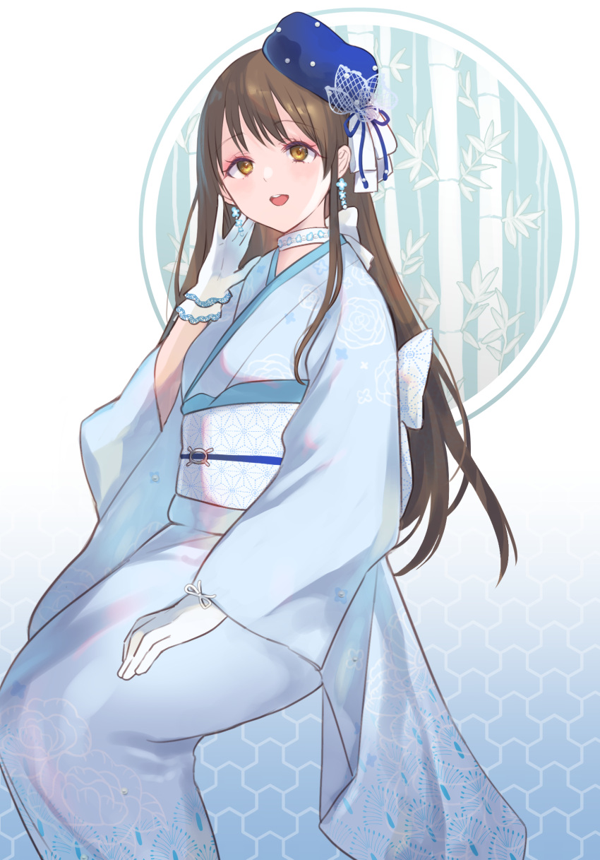 1girl alternate_costume blue_headwear blue_kimono brown_eyes brown_hair diesel_(nikke) earrings eyelashes eyeshadow frilled_gloves frills gloves goddess_of_victory:_nikke gucchiann highres japanese_clothes jewelry kimono light_blush long_hair makeup obi open_mouth red_eyeshadow sash sitting smile solo tilted_headwear white_gloves