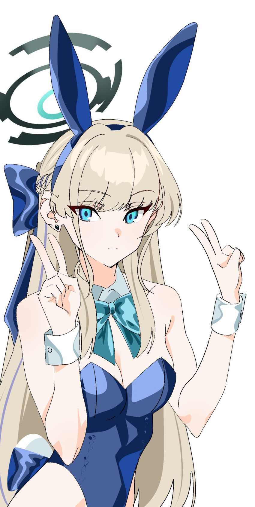 1girl absurdres animal_ears aqua_bow aqua_bowtie bare_shoulders blonde_hair blue_archive blue_eyes blue_hair blue_leotard bow bowtie braid breasts cleavage cowboy_shot crown_braid detached_collar double_v earrings expressionless fake_animal_ears fake_tail hair_bow halo highleg highleg_leotard highres jewelry leotard likeayamada long_hair looking_at_viewer medium_breasts multicolored_hair playboy_bunny rabbit_ears rabbit_tail simple_background sketch solo strapless strapless_leotard streaked_hair stud_earrings tail toki_(blue_archive) toki_(bunny)_(blue_archive) v very_long_hair white_background white_wrist_cuffs wrist_cuffs