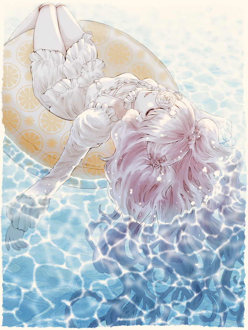 1girl afloat closed_eyes doll_joints dress flower flower_over_eye hair_flower hair_ornament highres innertube joints kirakishou kiru_(m_putorius) long_hair long_sleeves pink_hair plant rose rozen_maiden solo thorns very_long_hair vines water white_dress white_flower white_rose