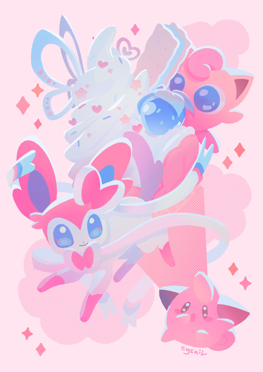 absurdres blue_eyes cleffa commentary cryotters food highres ice_cream ice_cream_cone jigglypuff no_humans open_mouth pink_background pink_theme pokemon pokemon_(creature) simple_background smile sparkle sylveon symbol-only_commentary