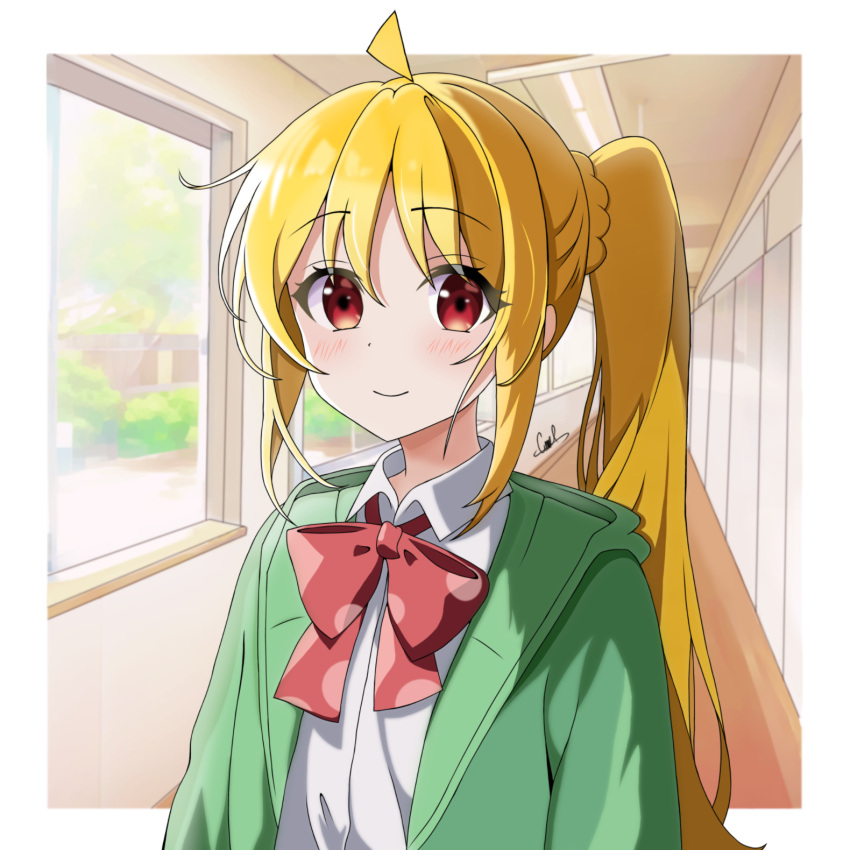 1girl ahoge blonde_hair blush bocchi_the_rock! border bow bowtie closed_mouth collared_shirt commentary dress_shirt english_commentary green_jacket hair_between_eyes highres ijichi_nijika indoors jacket long_hair looking_at_viewer lugoca open_clothes open_jacket outside_border red_bow red_bowtie red_eyes school school_uniform shadow shirt side_ponytail sidelocks signature smile solo upper_body white_border white_shirt window