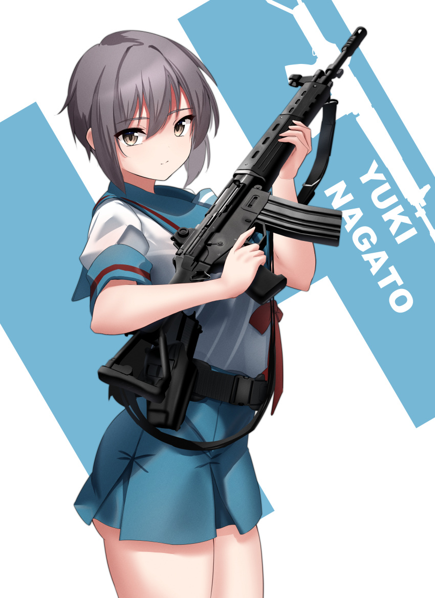 1girl absurdres assault_rifle blue_skirt brown_eyes character_name expressionless grey_hair gun h highres holding holding_gun holding_weapon howa_type_89 kita_high_school_uniform looking_at_viewer nagato_yuki rifle rynn_(rynn_cube) school_uniform shirt short_hair skirt solo summer_uniform suzumiya_haruhi_no_yuuutsu thighs trigger_discipline weapon white_background white_shirt