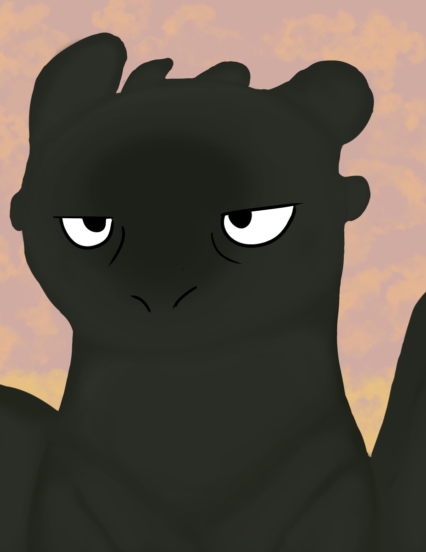 absurd_res arttatoe black_body dragon dreamworks frown frown_eyebrows hi_res how_to_train_your_dragon male night_fury scalie shaded simple_background simple_shading solo toothless western_dragon wings