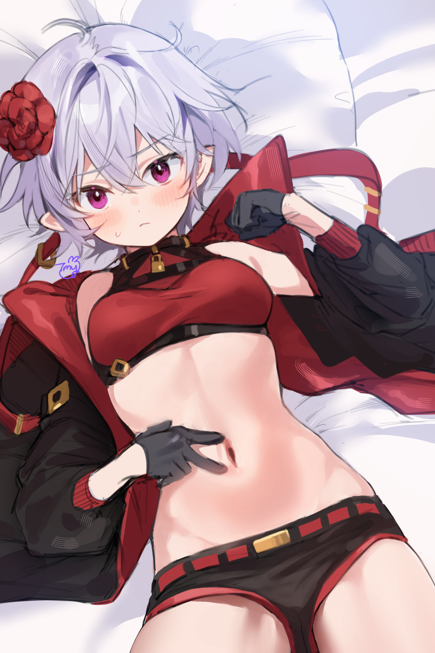 1girl absurdres bed black_gloves black_shorts blush breasts crop_top flower gloves grey_hair hair_between_eyes hair_flower hair_ornament highres jacket looking_at_viewer lying medium_breasts micro_shorts midriff on_back on_bed open_clothes open_jacket original pillow pointy_ears purple_eyes red_flower short_hair short_shorts shorts solo stomach timy