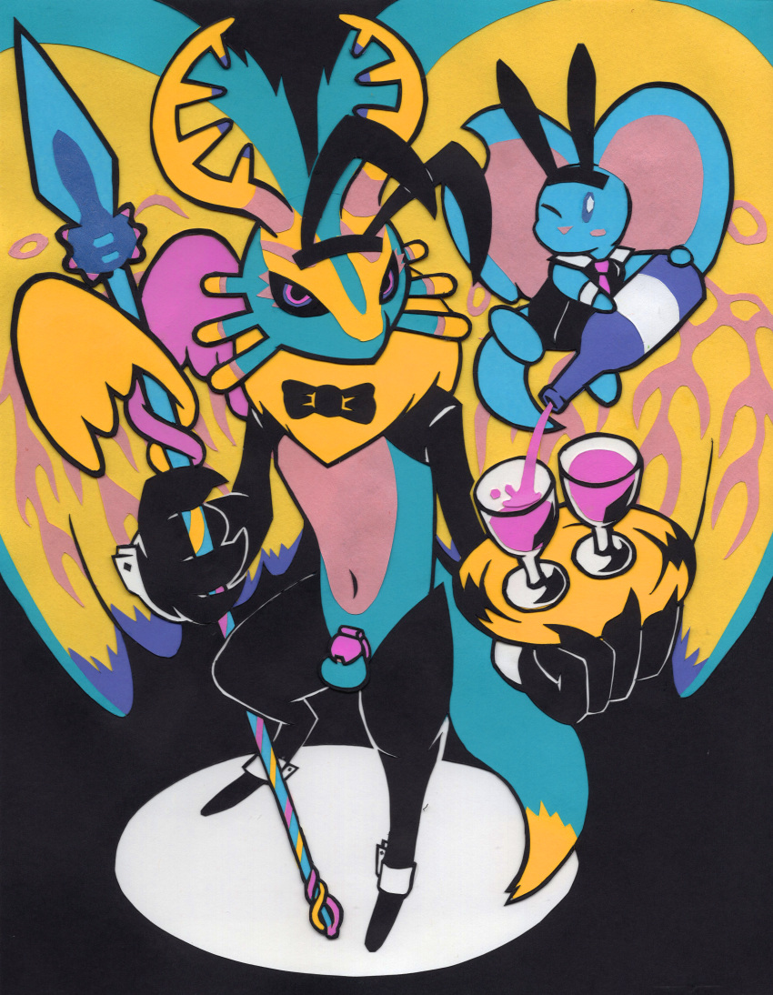 absurd_res alcohol alien ambiguous_gender anthro antlers beverage bow_tie bunny_costume chastity_cage chastity_device clothing costume duo elfilin fecto_elfilis genitals hi_res holding_object holding_spear holding_weapon horn hydra-lic kirby_(series) kirby_and_the_forgotten_land male mammal melee_weapon nintendo penis polearm reverse_bunny_costume rodent spear weapon wine