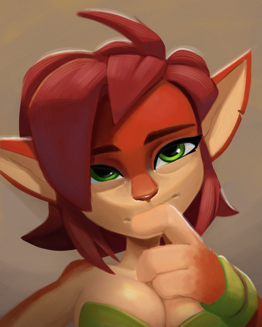 1girl absurdres alternate_breast_size bare_shoulders breasts brown_background cleavage commentary elora_(spyro) english_commentary fewer_digits furry furry_female green_eyes highres large_breasts medium_hair portrait red_fur red_hair solo spyro_(series) spyro_reignited_trilogy thehumancopier thinking two-tone_fur wristband