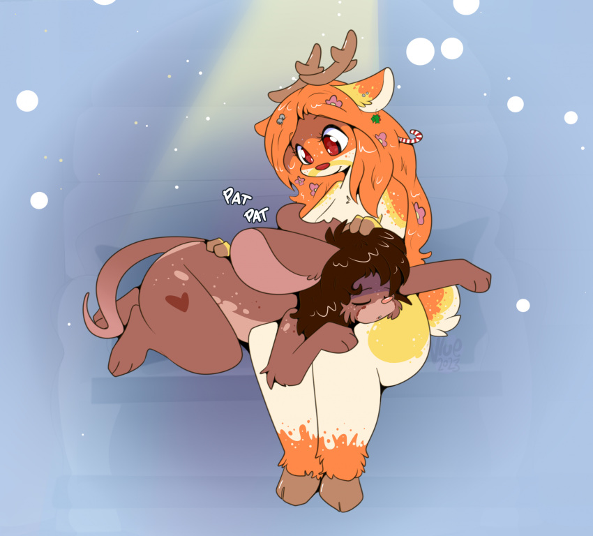 2023 anthro brown_body brown_fur candy candy_cane deer deer_(maynara) dessert duo english_text eyes_closed female food fur heart_(marking) hi_res hooves horn mammal maynara mouse mouse_(maynara) murid murine nude petting red_eyes rodent sleeping smile tail text vlue_(maynara)