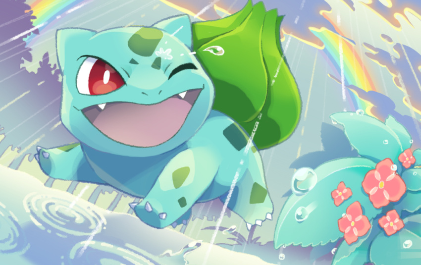 animal_focus bright_pupils bulbasaur bush claws cloud fang flower fujituki no_humans nostrils one_eye_closed open_mouth outdoors pink_flower pokemon pokemon_(creature) puddle rain rainbow red_eyes ripples running solo water_drop white_pupils