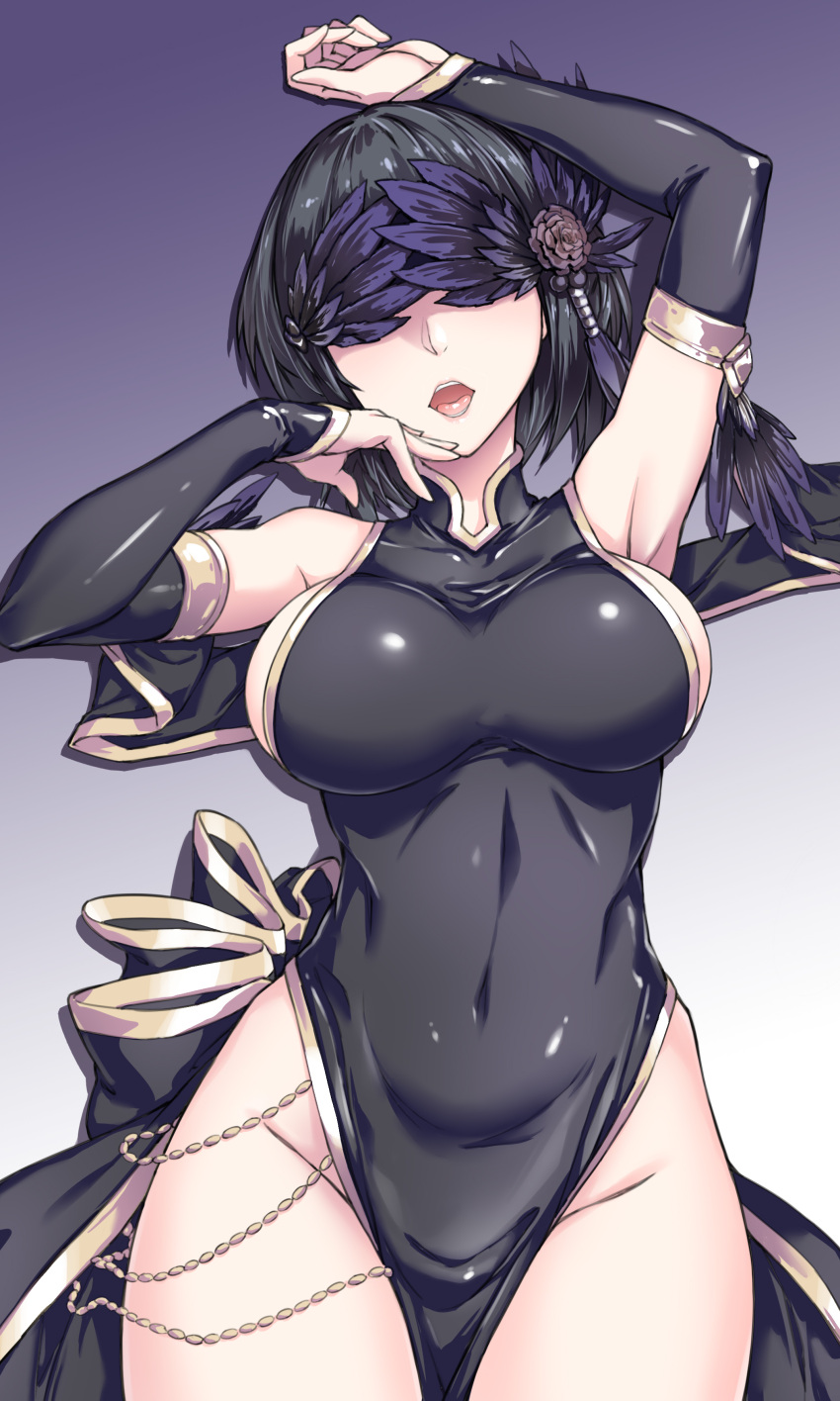 1girl absurdres arm_up black_hair breasts covered_eyes covered_navel detached_sleeves fish.boy gradient_background hair_ornament hand_on_own_face highres lying on_back open_mouth phantom_blade_(game) short_hair sideboob solo teeth thighs tongue tongue_out upper_teeth_only xianzhe_(phantom_blade) xianzhe_(rakshasi_bard)_(phantom_blade)