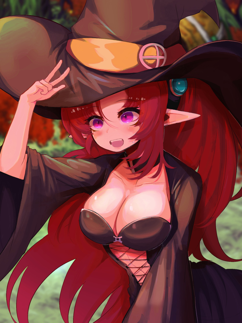 1girl arm_up black_dress breasts cleavage dress dungeon_and_fighter hat highres hwaryeok jewelry large_breasts long_hair long_pointy_ears long_sleeves open_mouth pointy_ears purple_eyes red_hair sidelocks solo transcendent_nornil very_long_hair wide_sleeves witch witch_hat