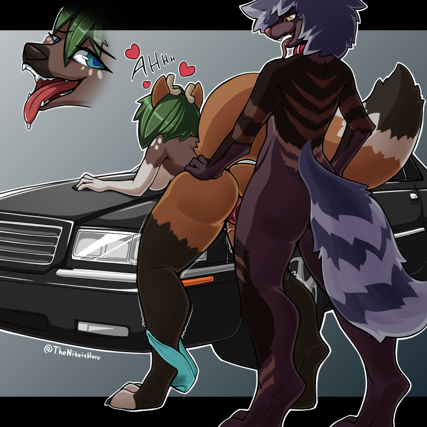 absurd_res ahegao anthro cadillac canid canine car clothing duo eldorado female fervor hi_res hybrid looking_pleasured male male/female mammal panties rondonite simple_background underwear vehicle zonda