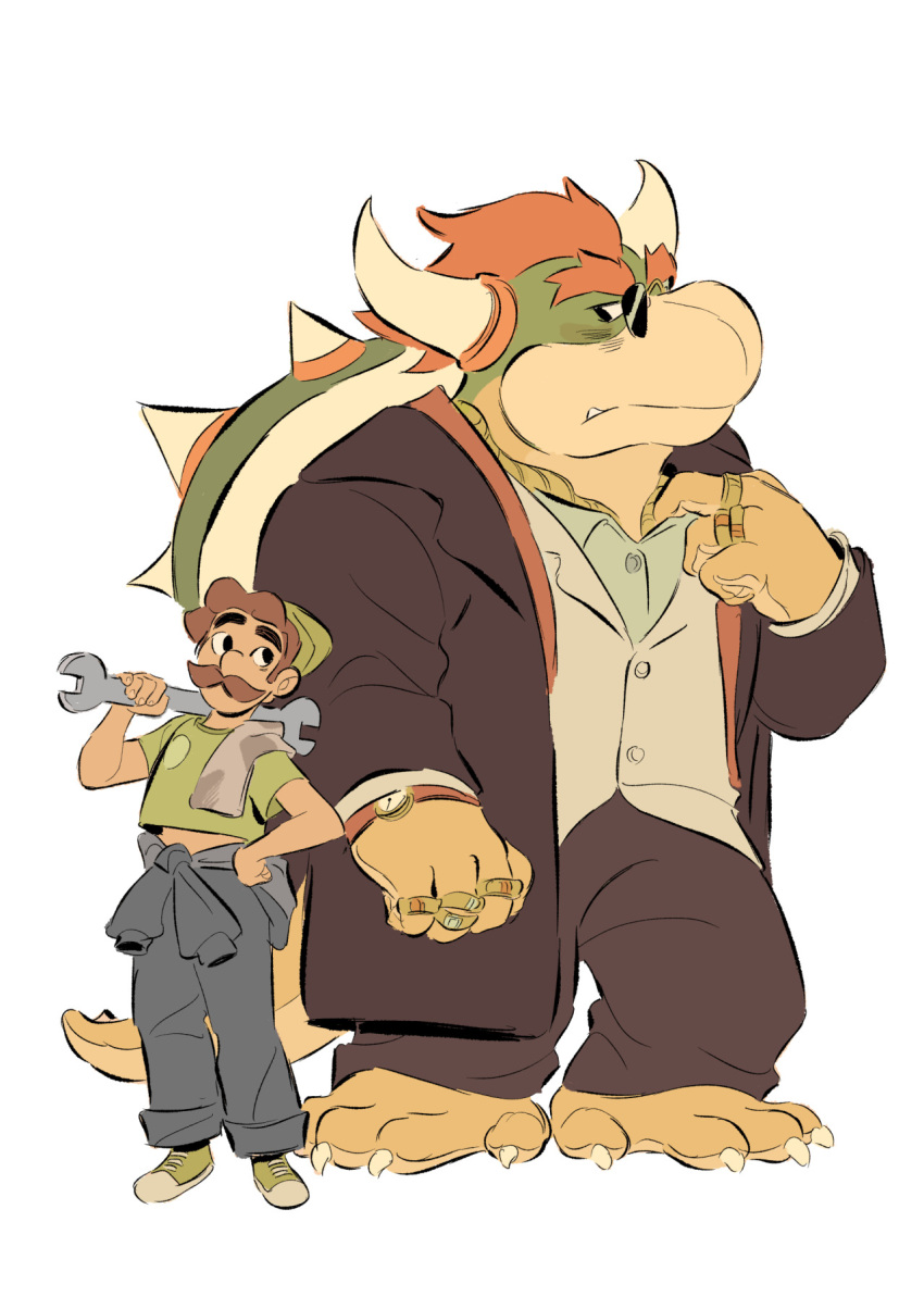 blush bottomwear bowser claws clock clothing cousineggplant duo eyewear facial_hair footwear hair hi_res horn human koopa luigi male mammal mario_bros mustache nintendo pants red_hair ring scalie shirt shoes size_difference suit sunglasses tools topwear watch wrench wristwatch