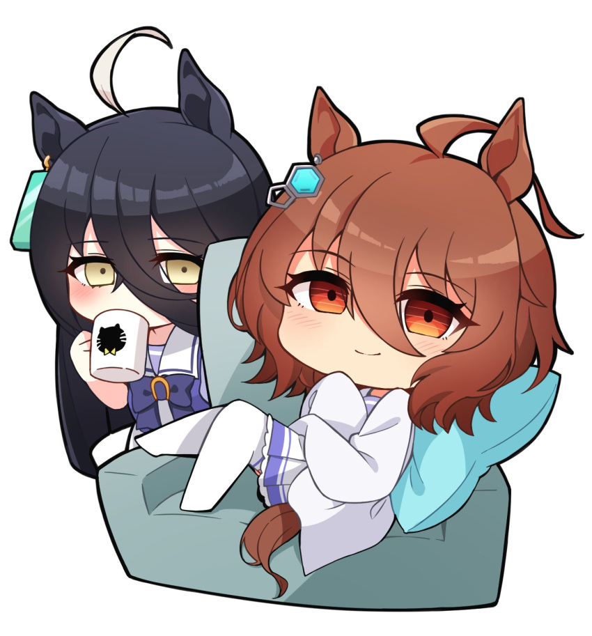 2girls agnes_tachyon_(umamusume) ahoge animal_ears armchair black_hair blush bow bowtie brown_hair chair chibi closed_mouth cup drinking earrings hair_between_eyes highres holding holding_cup horse_ears horse_girl horse_tail jewelry lab_coat long_hair manhattan_cafe_(umamusume) multicolored_hair multiple_girls nihudau no_shoes orange_eyes pillow purple_shirt sailor_collar school_uniform shirt short_hair short_sleeves simple_background single_earring sitting_sideways skirt sleeves_past_wrists smile standing streaked_hair tail thighhighs tracen_school_uniform umamusume white_background white_skirt white_thighhighs yellow_eyes