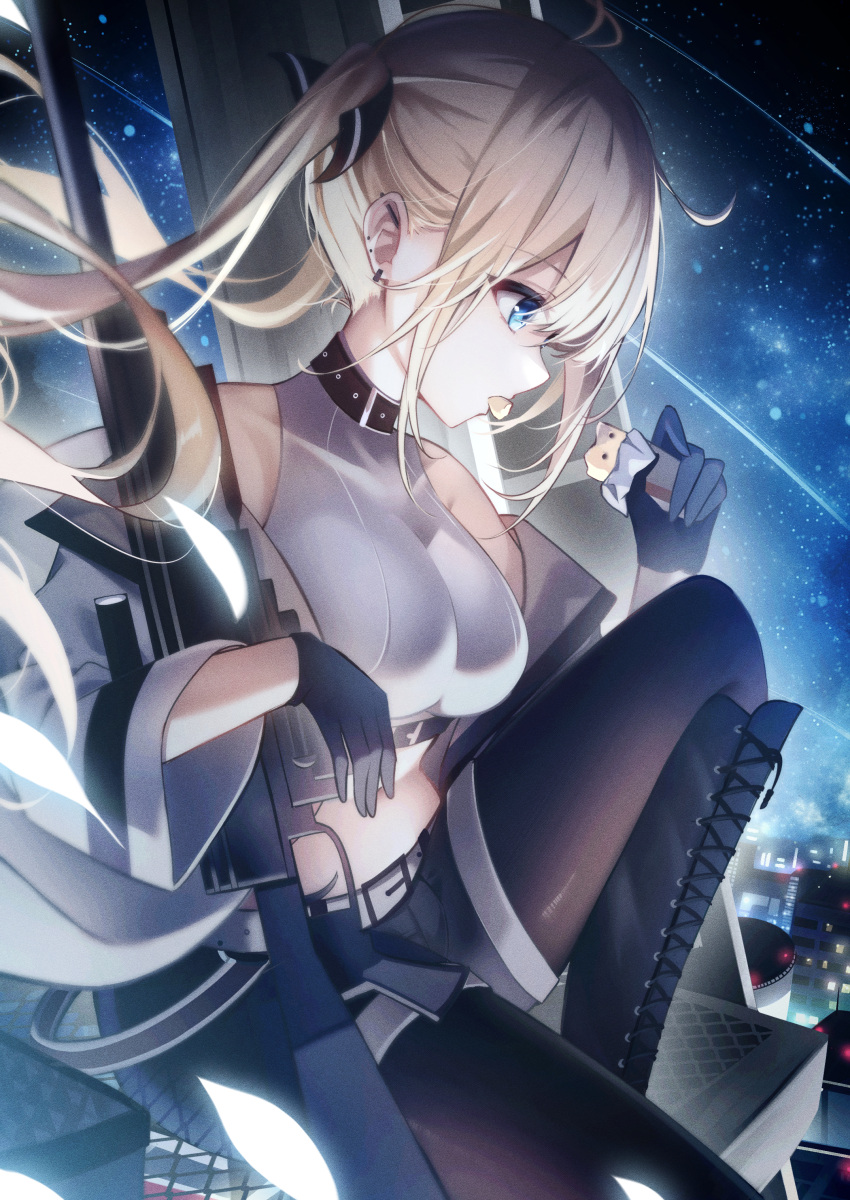 1girl absurdres belt black_gloves black_pantyhose blonde_hair blue_eyes boots breasts commentary_request crop_top ear_piercing eating food food_in_mouth gloves gun highres holding holding_food holding_gun holding_weapon industrial_piercing jacket knee_boots leg_up long_hair looking_afar medium_breasts midriff navel night off_shoulder original outdoors pantyhose piercing shorts sidelocks sitting sky solo star_(sky) starry_sky stomach tsukasa_tsubasa twintails weapon