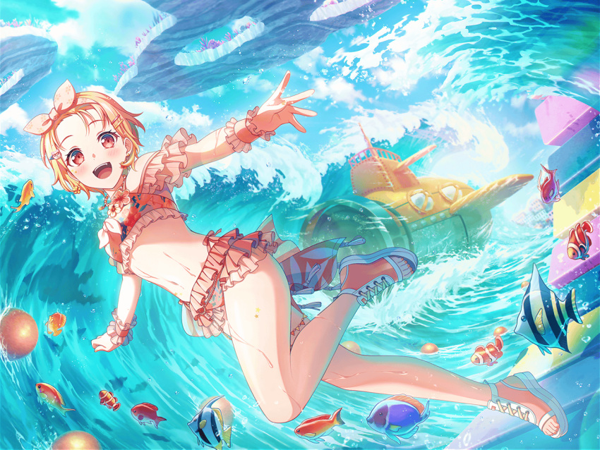 1girl :d bang_dream! bikini earrings fish floral_print frilled_bikini frills hair_ornament hairband hairclip jewelry kitazawa_hagumi leg_lift legs nail_polish necklace ocean official_art orange_hair orange_nails outstretched_arms red_eyes sandals sarong sea_turtle short_hair smile submarine swimsuit third-party_source toenail_polish toenails toes turtle underwater water watercraft waves wrist_cuffs