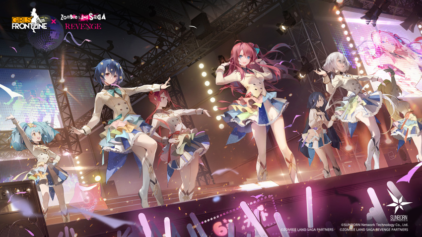 6+girls artist_request balloon bandaged_head bandages black_hair blonde_hair blue_eyes blue_hair boots bow brown_eyes brown_hair closed_mouth commentary company_name concert copyright_name crossover dancing disco_ball english_commentary girls'_frontline glowstick hair_bow highres holding_glowstick hoshikawa_lily idol konno_junko light_blue_hair light_green_hair long_hair long_sleeves looking_at_viewer low_twintails minamoto_sakura mizuno_ai multicolored_clothes multicolored_hair multicolored_skirt multiple_girls night nikaidou_saki no_socks official_art open_mouth orange_hair pink_hair polka_dot polka_dot_bow print_skirt promotional_art red_eyes screen short_hair skirt smile stage_lights star_balloon starry_sky_print stereo streaked_hair twintails very_long_hair white_footwear white_hair white_skirt yamada_tae yellow_eyes yuugiri_(zombie_land_saga) zombie_land_saga