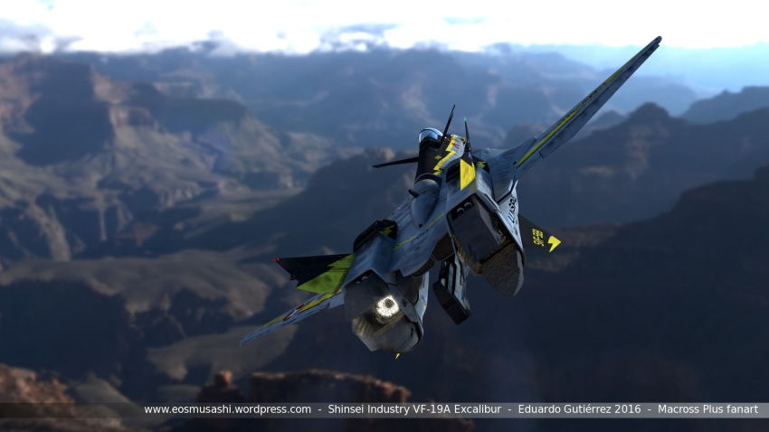 2016 3d afterburner blender_(medium) blurry blurry_background canards dated english_commentary eosmusashi flying highres macross macross_plus mountainous_horizon photo_background realistic science_fiction signature variable_fighter yf-19