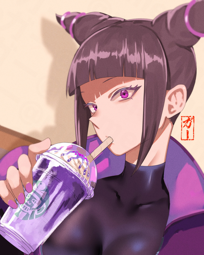 1girl absurdres blunt_bangs bodysuit cup drinking drinking_glass eye_(mememem) fingerless_gloves gloves han_juri highres holding jacket milkshake nail_polish purple_bodysuit purple_eyes purple_hair purple_jacket purple_nails shadow solo street_fighter street_fighter_6 upper_body