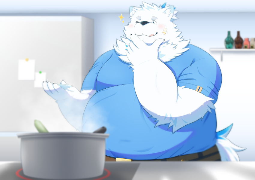 2023 anthro appliance belly big_belly black_nose blush bottomwear canid canine canis clothing cooking detailed_background domestic_dog fridge fur hi_res kemono kitchen kitchen_appliance lifewonders live_a_hero male mammal overweight overweight_male pants shirt solo tai_tanuki topwear white_body white_fur yohack