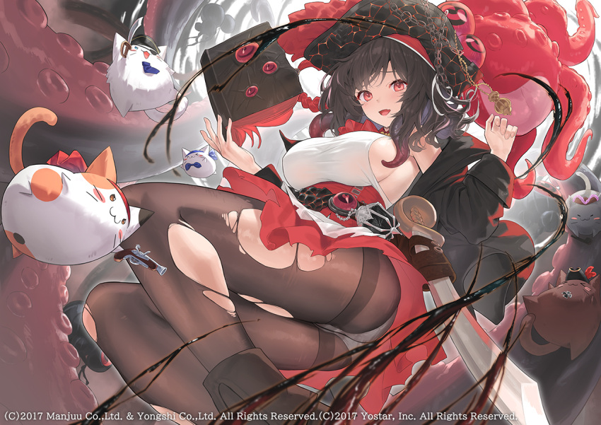 1girl :3 azur_lane book breasts brown_footwear brown_hair brown_pantyhose cross eyepatch fang feet_out_of_frame from_below hat holding holding_book iron_cross large_breasts long_hair looking_at_viewer meowfficer_(azur_lane) official_art open_mouth panties panties_under_pantyhose pantyhose peragura pirate_hat red_eyes royal_fortune_(azur_lane) scimitar sideboob skin_fang solo sword tentacle_hair torn_clothes torn_pantyhose underwear weapon white_panties