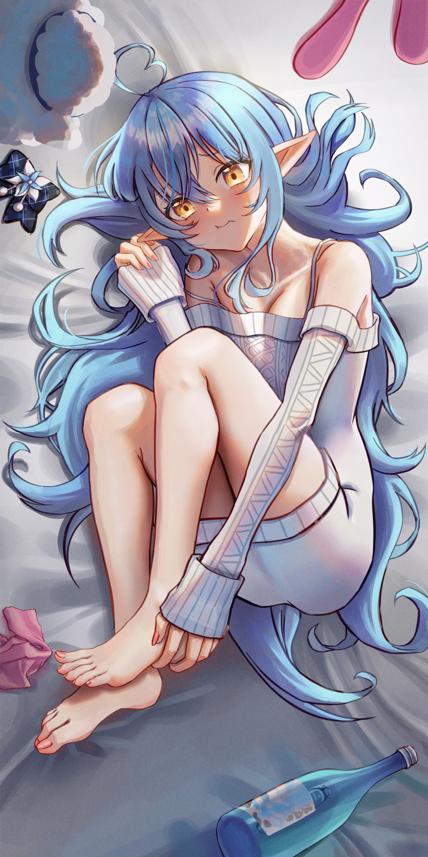 1girl absurdres ahoge bare_legs barefoot bed_sheet blue_hair bottle breasts closed_mouth collarbone commentary dress english_commentary feet from_above full_body grey_dress hair_between_eyes hand_on_own_foot hand_up heart heart_ahoge highres hololive jedd_(jeddisorange) knees_up legs legs_together long_hair lying mixed-language_commentary nail_polish official_alternate_costume on_side pink_nails pointy_ears shadow short_dress sidelocks sleeves_past_wrists solo strap_slip stuffed_animal stuffed_toy toenail_polish toenails toes virtual_youtuber yellow_eyes yukihana_lamy