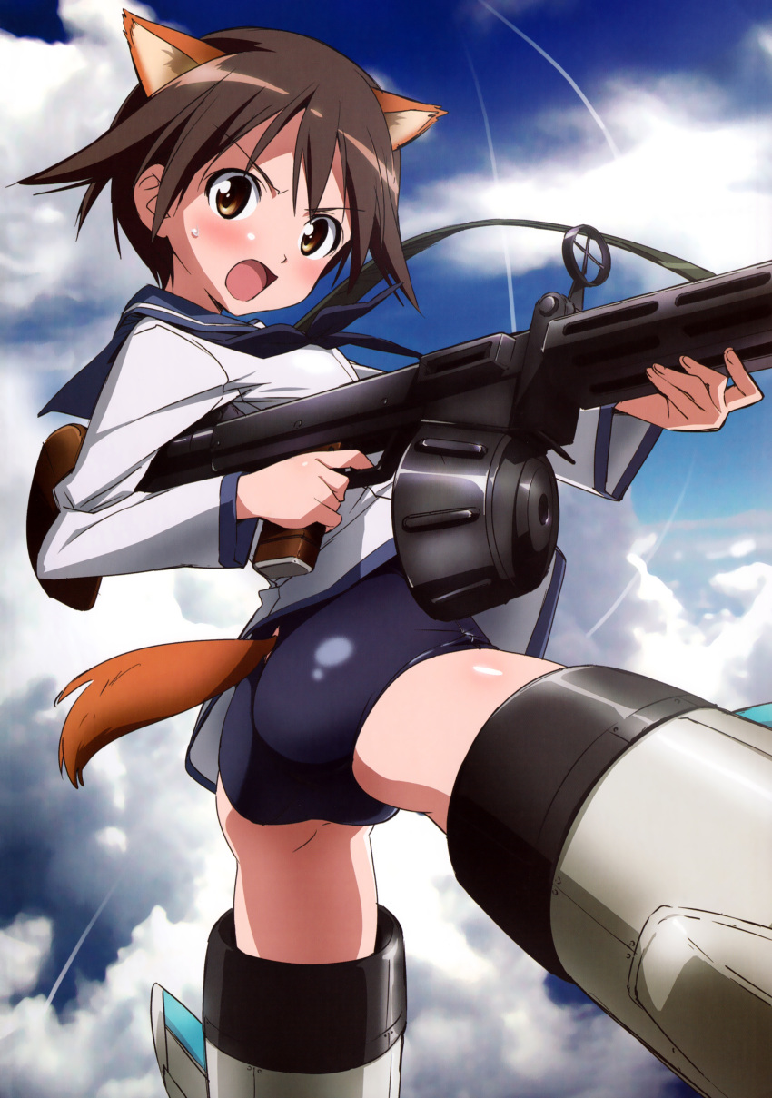 1girl absurdres aiming angry animal_ears artist_name ass black_hair blue_neckerchief blue_one-piece_swimsuit blue_sailor_collar blue_sky blush breasts brown_eyes clothing_cutout cloud contrail copyright_name day dog_ears dog_girl dog_tail drum_magazine finger_on_trigger floating flying from_side groin_tendon gun heavy_machine_gun highres holding holding_gun holding_weapon legs_apart long_sleeves looking_at_viewer looking_back looking_to_the_side machine_gun magazine_(weapon) mecha_musume miyafuji_yoshika neckerchief no_pants official_art one-piece_swimsuit open_mouth outdoors parted_bangs sailor_collar school_swimsuit school_uniform serafuku shiny_clothes shiny_skin shirt short_hair sky small_breasts solo strike_witches striker_unit sweatdrop swimsuit swimsuit_under_clothes tail tail_through_clothes takamura_kazuhiro type_99_cannon v-shaped_eyebrows weapon white_shirt world_witches_series