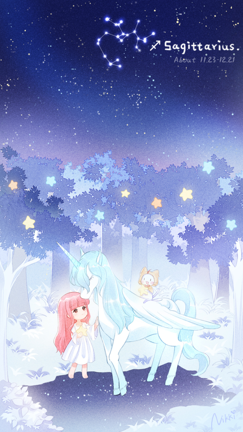 1girl barefoot blush brown_eyes bush cat dated dated_commentary dress english_commentary highres holding holding_star horns long_hair looking_at_animal miracle_nikki momo_(miracle_nikki) night night_sky nikki_(miracle_nikki) official_art patting pegasus pegasus_wings pink_hair sagittarius_(constellation) sagittarius_(symbol) sagittarius_(zodiac) shining_nikki signature single_horn sitting_on_animal sky star_(sky) star_(symbol) starry_sky tree white_cat white_dress yellow_cloak