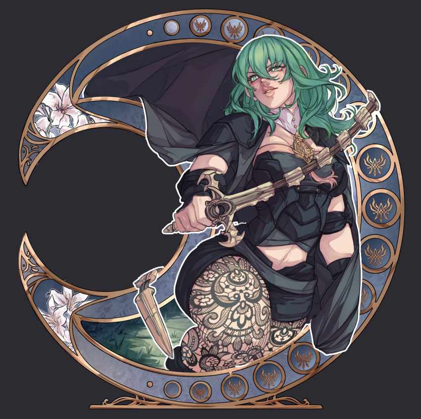 1girl absurdres black_coat breasts brooch byleth_(female)_(fire_emblem) byleth_(fire_emblem) cleavage coat coat_on_shoulders enlightened_byleth_(female) fire_emblem fire_emblem:_three_houses green_eyes green_hair highres holding holding_sword holding_weapon iaurencin jewelry knee_up large_breasts lips medium_hair pantyhose solo sword teeth weapon whip_sword