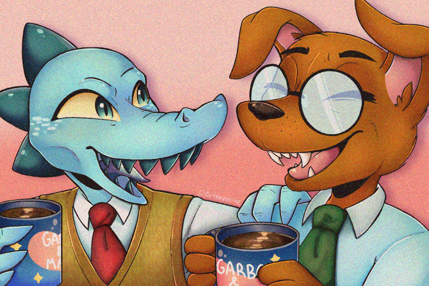 3:2 alligator alligatorid anthro artnemone black_nose blue_body blue_eyes blue_scales brown_body brown_fur canid canine canis clothed clothing coffee_mug container crocodilian cup domestic_dog duo eyes_closed eyewear fangs floppy_ears fur garbo_(nitw) glasses hi_res holding_mug holding_object male malloy_(nitw) mammal mug necktie night_in_the_woods open_mouth pink_inner_ear reptile scales scalie smile teeth tongue topwear vest yellow_sclera