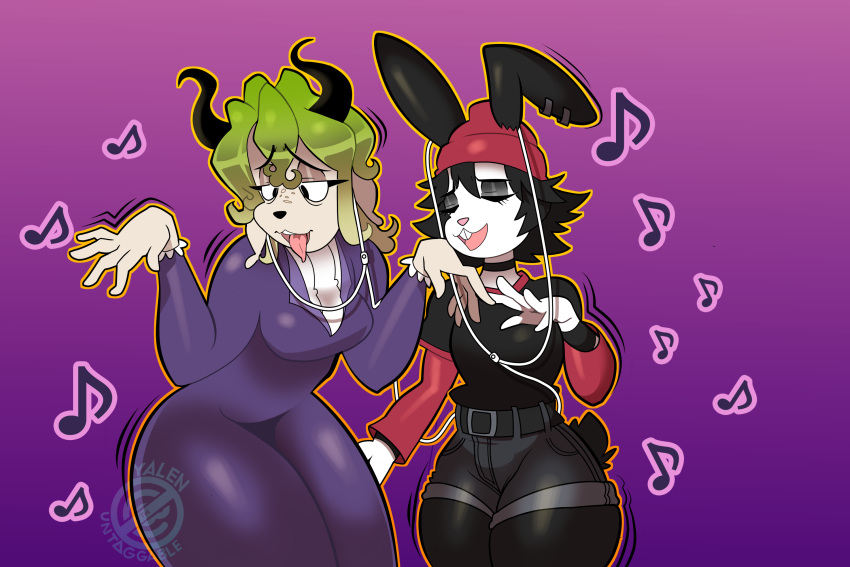 3:2 abstract_background ahegao animal_humanoid belt_buckle black_hair bovid caprine clothing droopy_eyes duo duo_focus ear_piercing earbuds eye_bags fan_character female goth gradient green_hair group hair hat headgear headphones headwear hi_res horn humanoid lagomorph lagomorph_humanoid leporid leporid_humanoid listening_to_music looking_pleasured mammal mammal_humanoid musical_note piercing rabbit rabbit_humanoid sheep signature thick_thighs tongue tongue_out ursula_mauerblumchen wide_hips yalen-the-untaggable