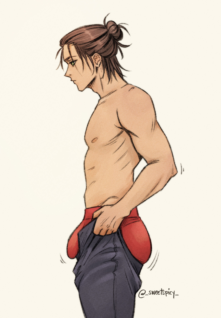 1boy ass bouncing_ass bouncing_bulge brown_hair bulge_lift dark-skinned_male dark_skin dressing eren_yeager feet_out_of_frame from_side hair_bun highres male_focus male_underwear meme never_seen_a_guy_recreate_this_(meme) open_pants pants pants_lift red_male_underwear shingeki_no_kyojin short_hair solo standing sweetspicy toned toned_male topless_male undersized_clothes underwear