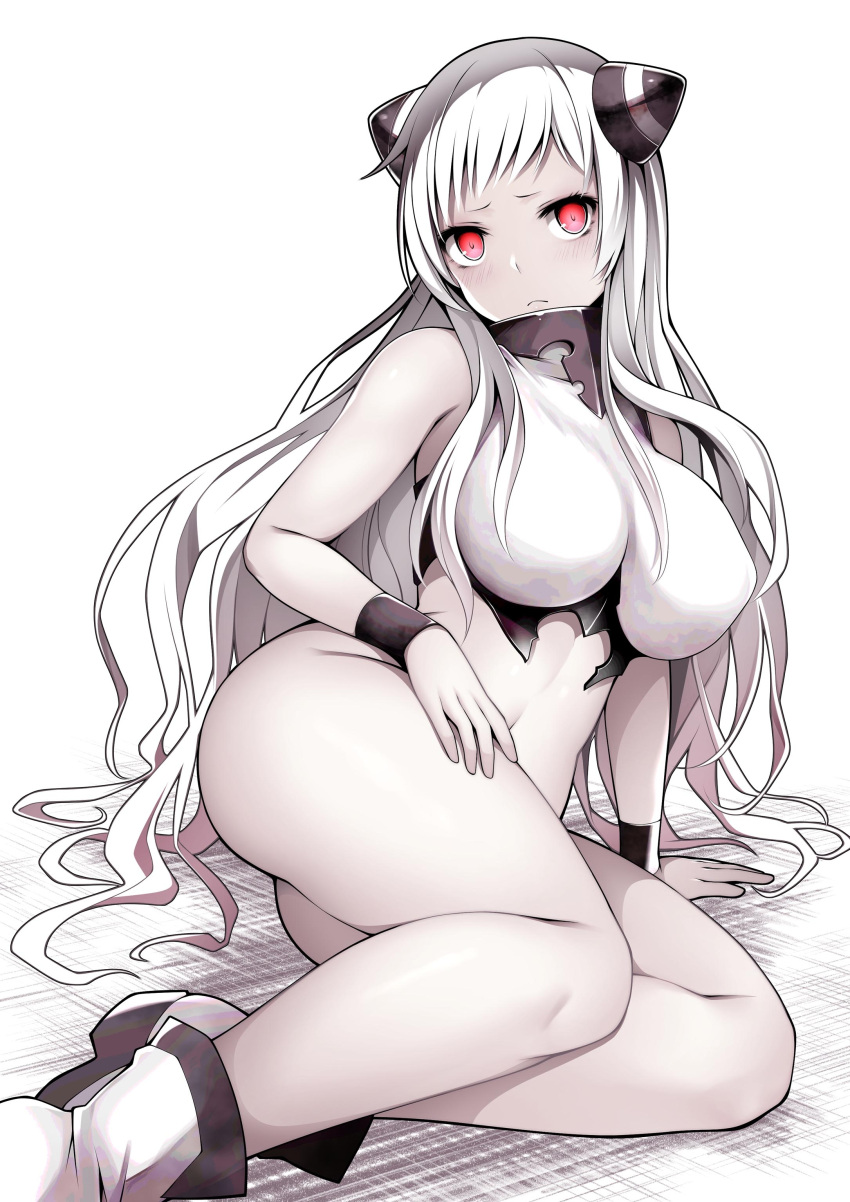 1girl absurdres abyssal_ship airfield_princess black_horns blush boots bottomless breasts closed_mouth colored_skin crop_top grey_skin highres horns kantai_collection kuromayu large_breasts long_hair looking_at_viewer pale_skin red_eyes simple_background sitting solo very_long_hair white_footwear white_hair