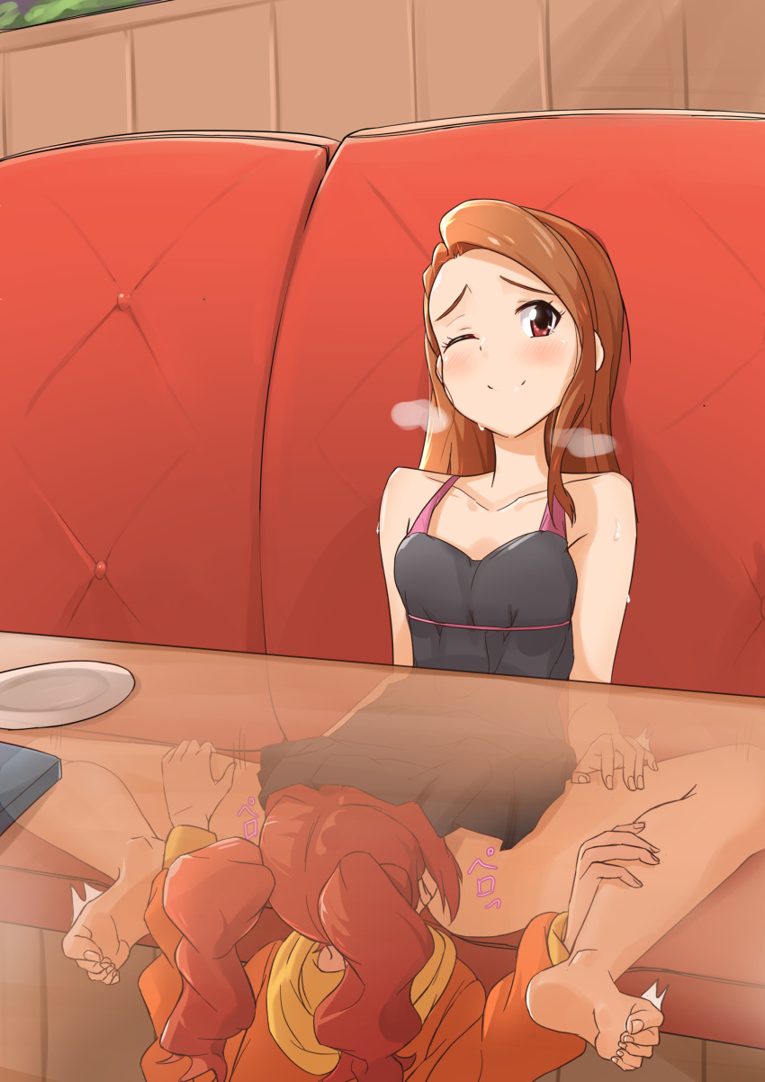 2girls absurdres barefoot blush brown_hair cafe couch cunnilingus exhibitionism highres idolmaster idolmaster_million_live! minase_iori multiple_girls on_couch one_eye_closed oral orange_hair public_indecency soles table takatsuki_yayoi twogie yuri