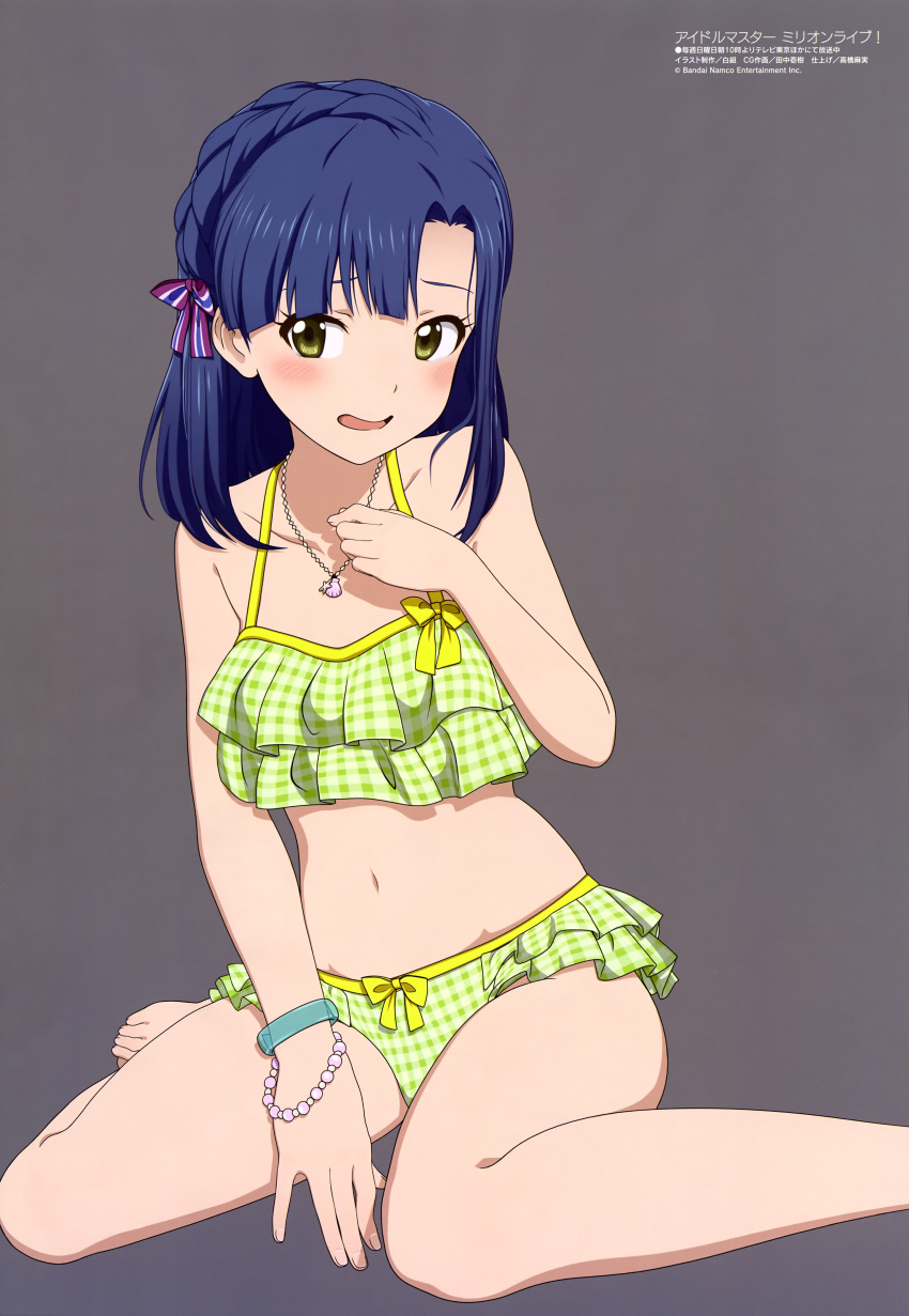 1girl absurdres bare_legs bikini blue_hair blush bracelet braid collarbone frilled_bikini frills green_bikini grey_background hair_ribbon highres idolmaster idolmaster_million_live! jewelry looking_at_viewer medium_hair megami_magazine nanao_yuriko navel necklace official_art open_mouth ribbon scan shirogumi_inc. simple_background sitting solo swimsuit toes wariza yellow_eyes