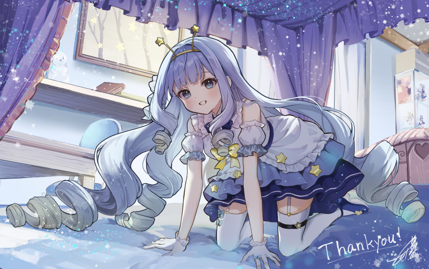 1girl absurdres all_fours antennae bed bedroom blue_eyes blue_footwear blue_hair canopy_bed commission commissioner_upload curtains dress drill_hair english_text frilled_dress frills gloves hairband high_heels highres inaba_0717 jelly_hoshiumi long_hair on_bed pantyhose phase_connect ribbon signature skeb_commission solo star_(symbol) very_long_hair virtual_youtuber white_gloves white_pantyhose yellow_ribbon