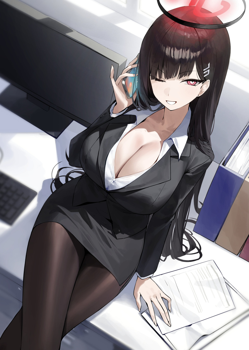 1girl absurdres black_hair black_jacket blue_archive blush breasts cellphone cleavage collarbone crossed_arms grin hair_ornament hairclip halo highres holding holding_phone hug indoors jacket long_hair long_sleeves looking_at_viewer mechanical_halo open_clothes open_shirt pantyhose papers phone red_eyes red_halo red_pupils rio_(blue_archive) sbgu shirt sitting smartphone smile solo white_shirt